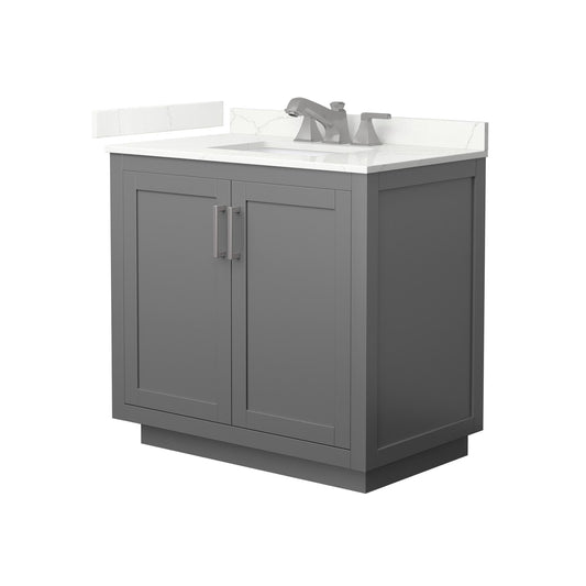 Wyndham Collection Miranda 36" Single Bathroom Vanity in Dark Gray, Giotto Quartz Countertop, Undermount Square Sink (3-Hole), Brushed Nickel Trim