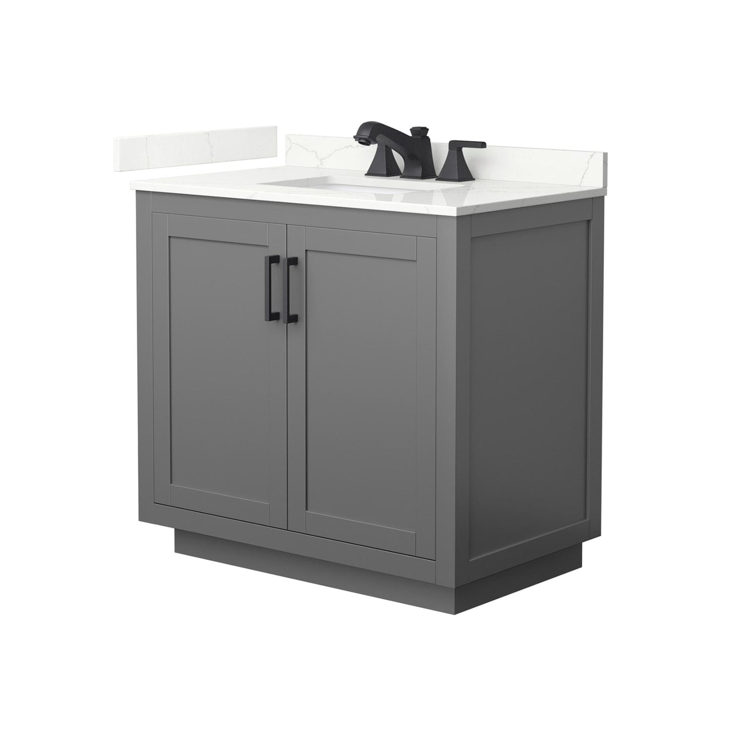 Wyndham Collection Miranda 36" Single Bathroom Vanity in Dark Gray, Giotto Quartz Countertop, Undermount Square Sink (3-Hole), Matte Black Trim