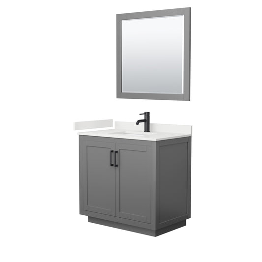Wyndham Collection Miranda 36" Single Bathroom Vanity in Dark Gray, White Quartz Countertop, Undermount Square Sink (1-Hole), Matte Black Trim, 34" Mirror