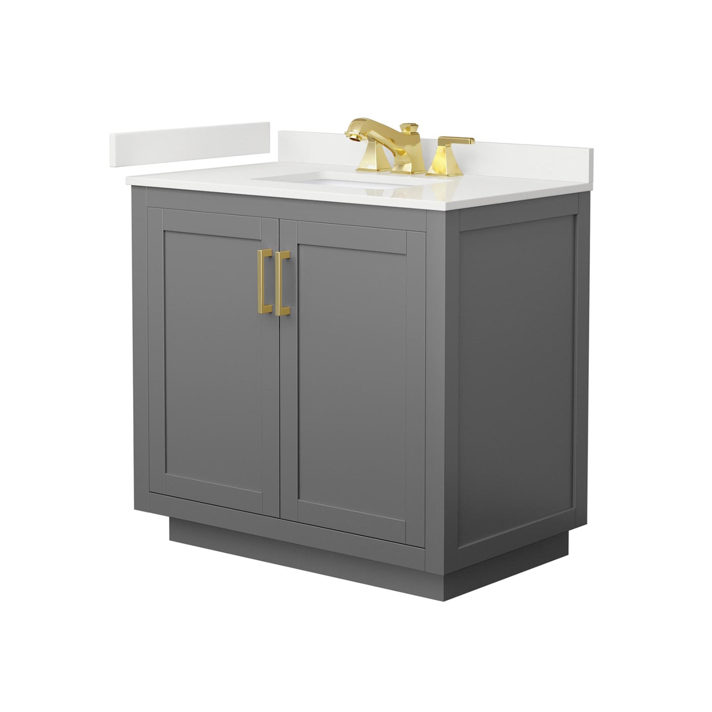Wyndham Collection Miranda 36" Single Bathroom Vanity in Dark Gray, White Quartz Countertop, Undermount Square Sink (3-Hole), Brushed Gold Trim