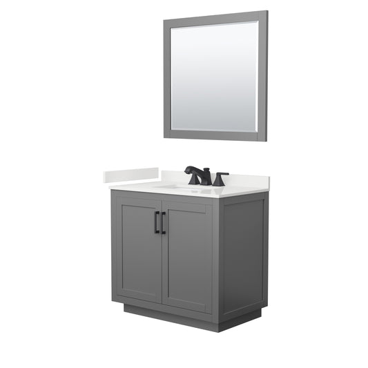 Wyndham Collection Miranda 36" Single Bathroom Vanity in Dark Gray, White Quartz Countertop, Undermount Square Sink (3-Hole), Matte Black Trim, 34" Mirror