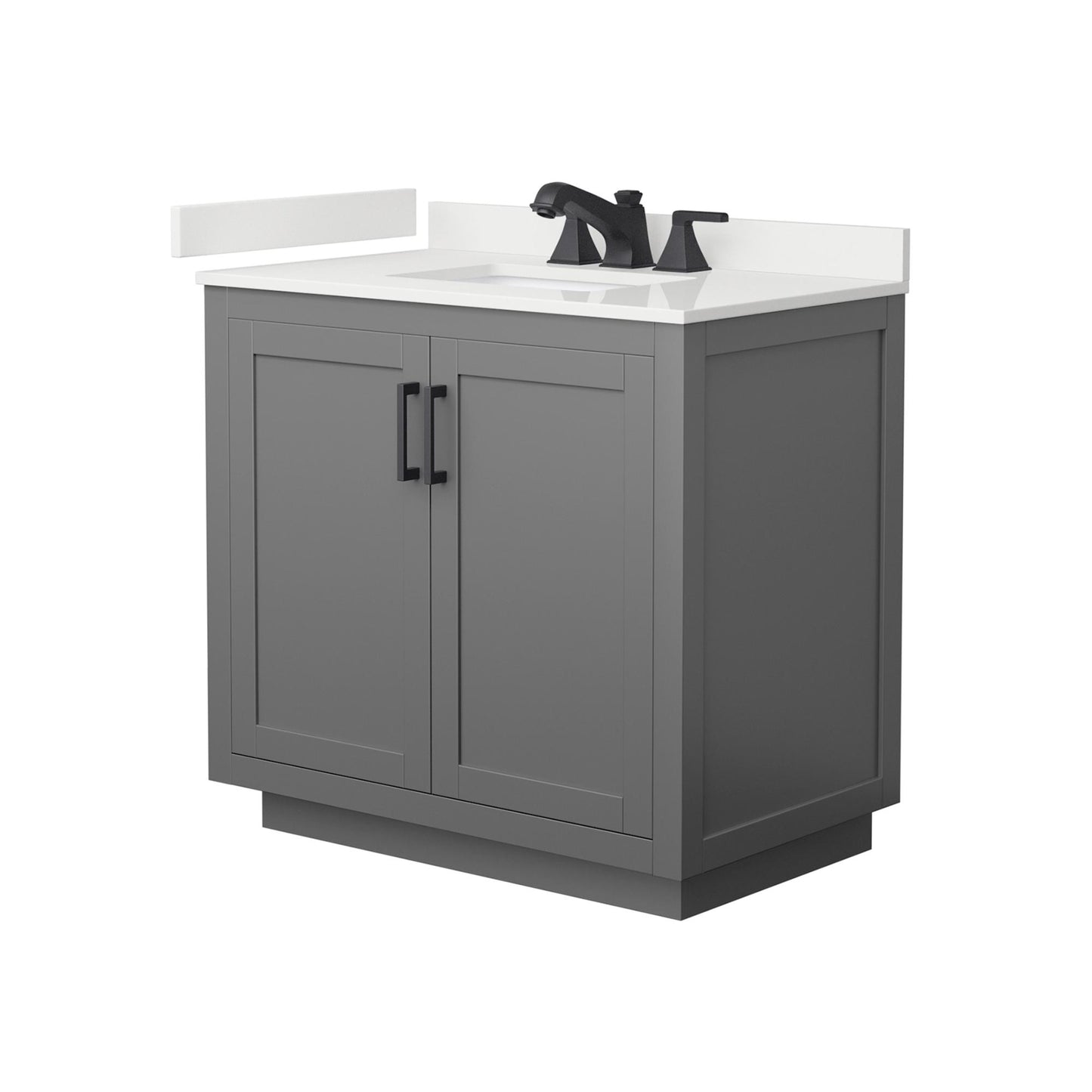 Wyndham Collection Miranda 36" Single Bathroom Vanity in Dark Gray, White Quartz Countertop, Undermount Square Sink (3-Hole), Matte Black Trim