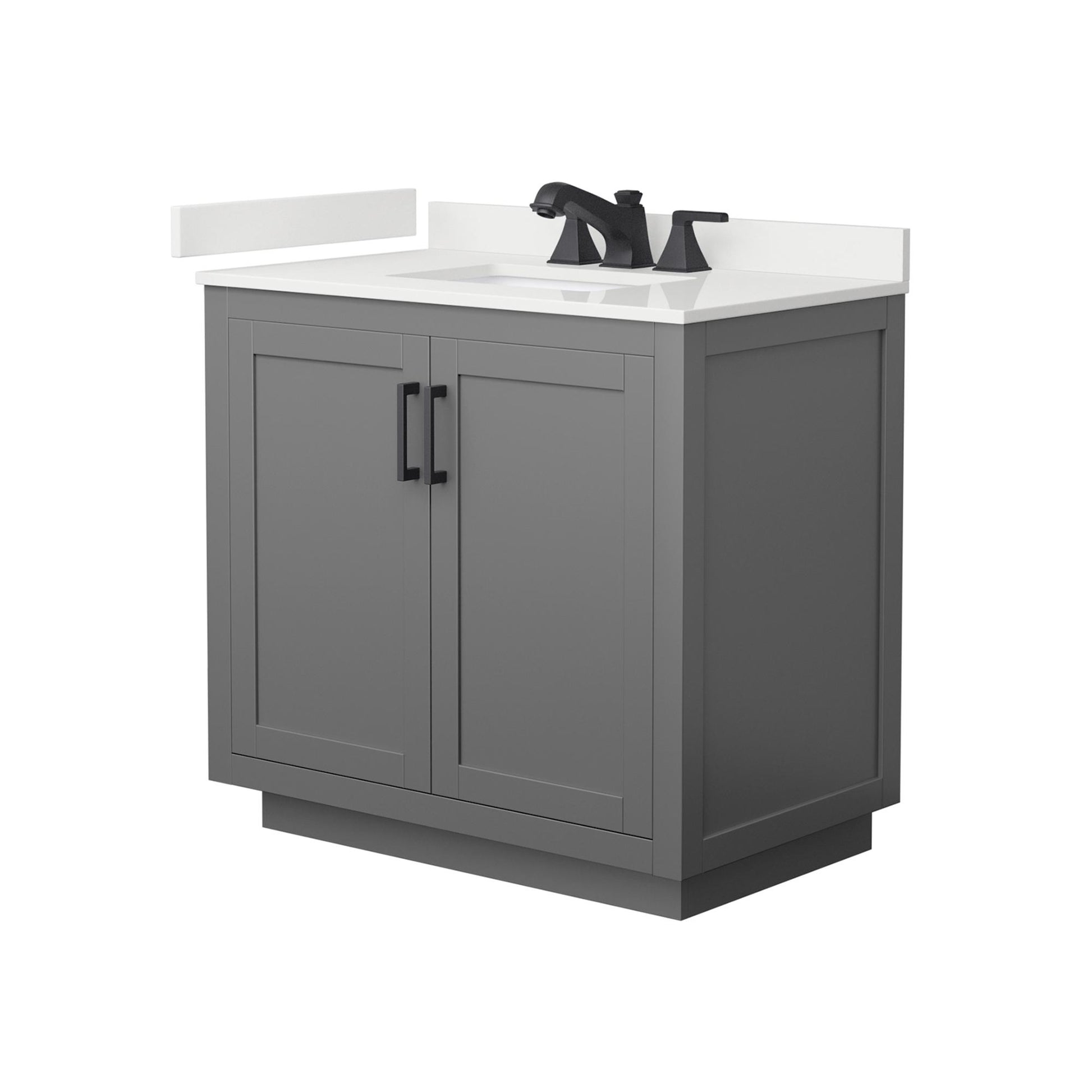 Wyndham Collection Miranda 36" Single Bathroom Vanity in Dark Gray, White Quartz Countertop, Undermount Square Sink (3-Hole), Matte Black Trim
