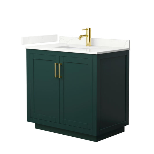 Wyndham Collection Miranda 36" Single Bathroom Vanity in Green, Giotto Quartz Countertop, Undermount Square Sink (1-Hole), Brushed Gold Trim