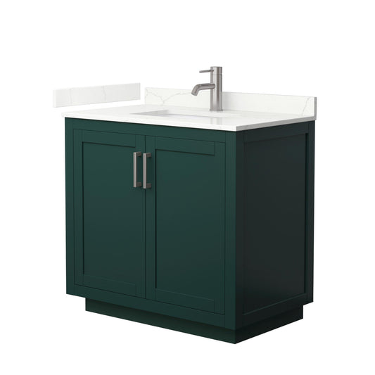 Wyndham Collection Miranda 36" Single Bathroom Vanity in Green, Giotto Quartz Countertop, Undermount Square Sink (1-Hole), Brushed Nickel Trim