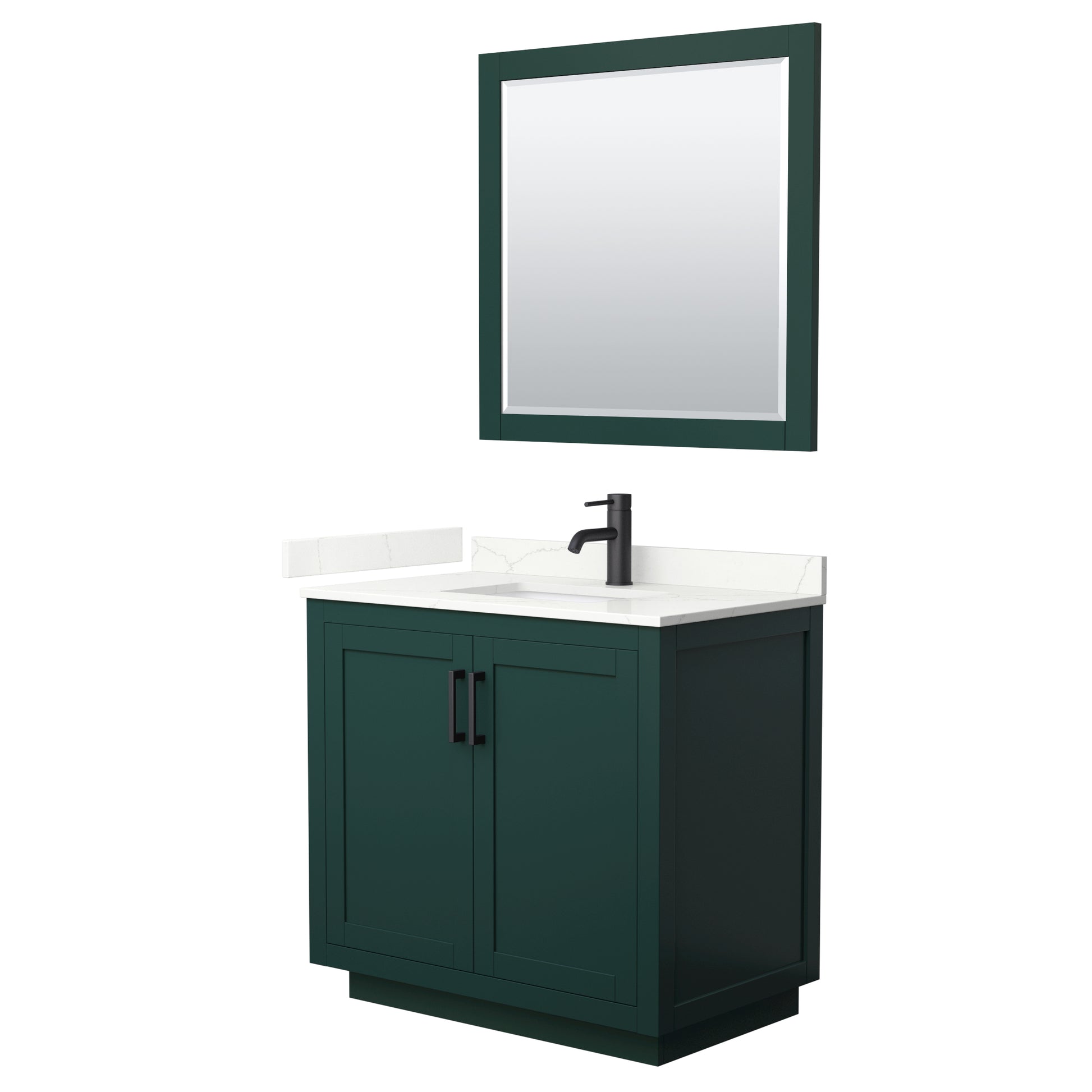 Wyndham Collection Miranda 36" Single Bathroom Vanity in Green, Giotto Quartz Countertop, Undermount Square Sink (1-Hole), Matte Black Trim, 34" Mirror