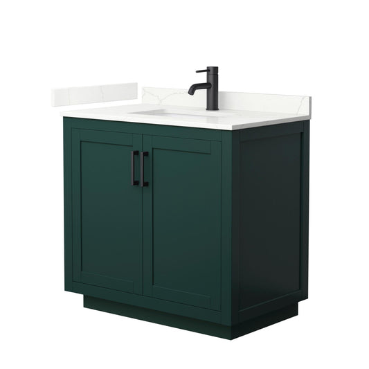 Wyndham Collection Miranda 36" Single Bathroom Vanity in Green, Giotto Quartz Countertop, Undermount Square Sink (1-Hole), Matte Black Trim