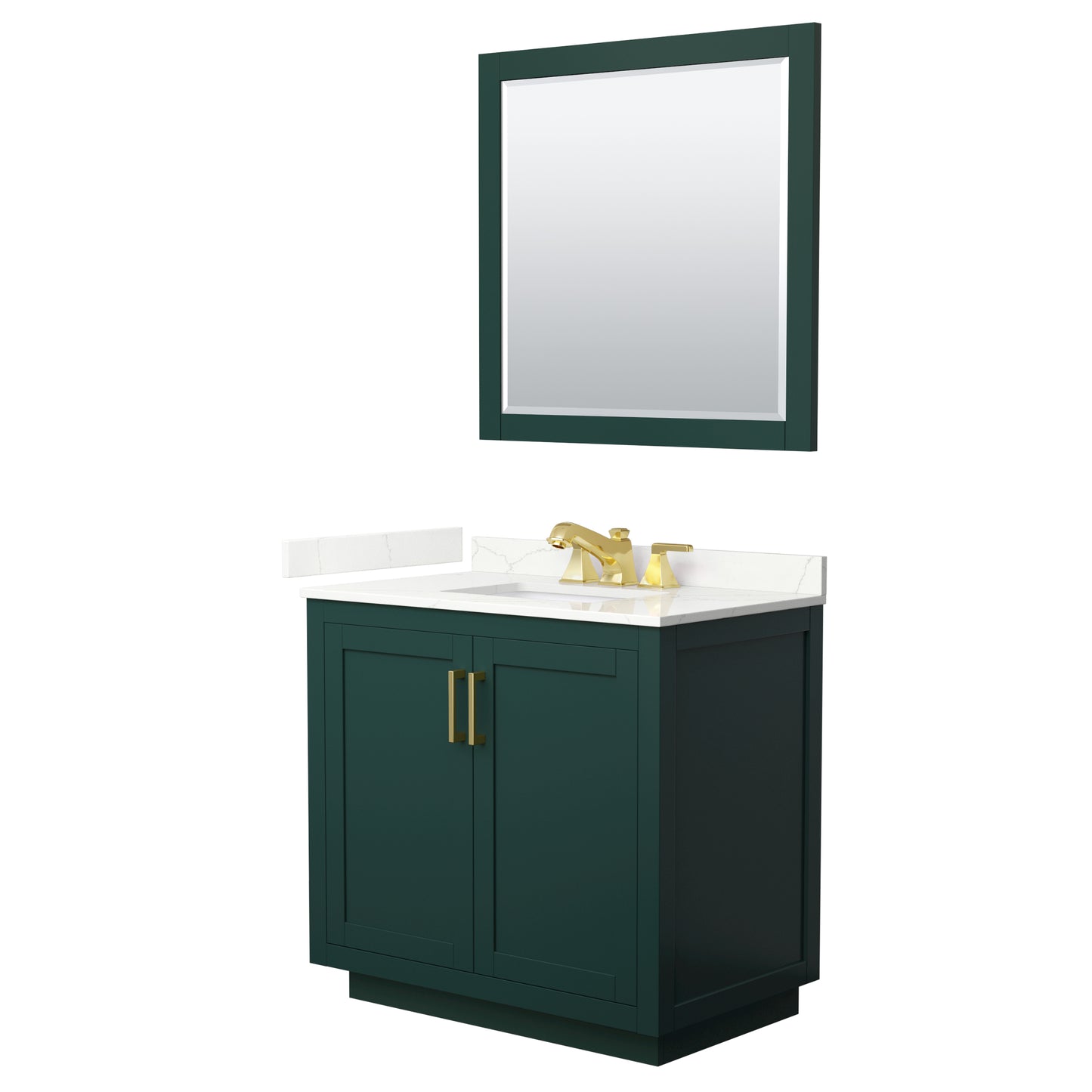 Wyndham Collection Miranda 36" Single Bathroom Vanity in Green, Giotto Quartz Countertop, Undermount Square Sink (3-Hole), Brushed Gold Trim, 34" Mirror