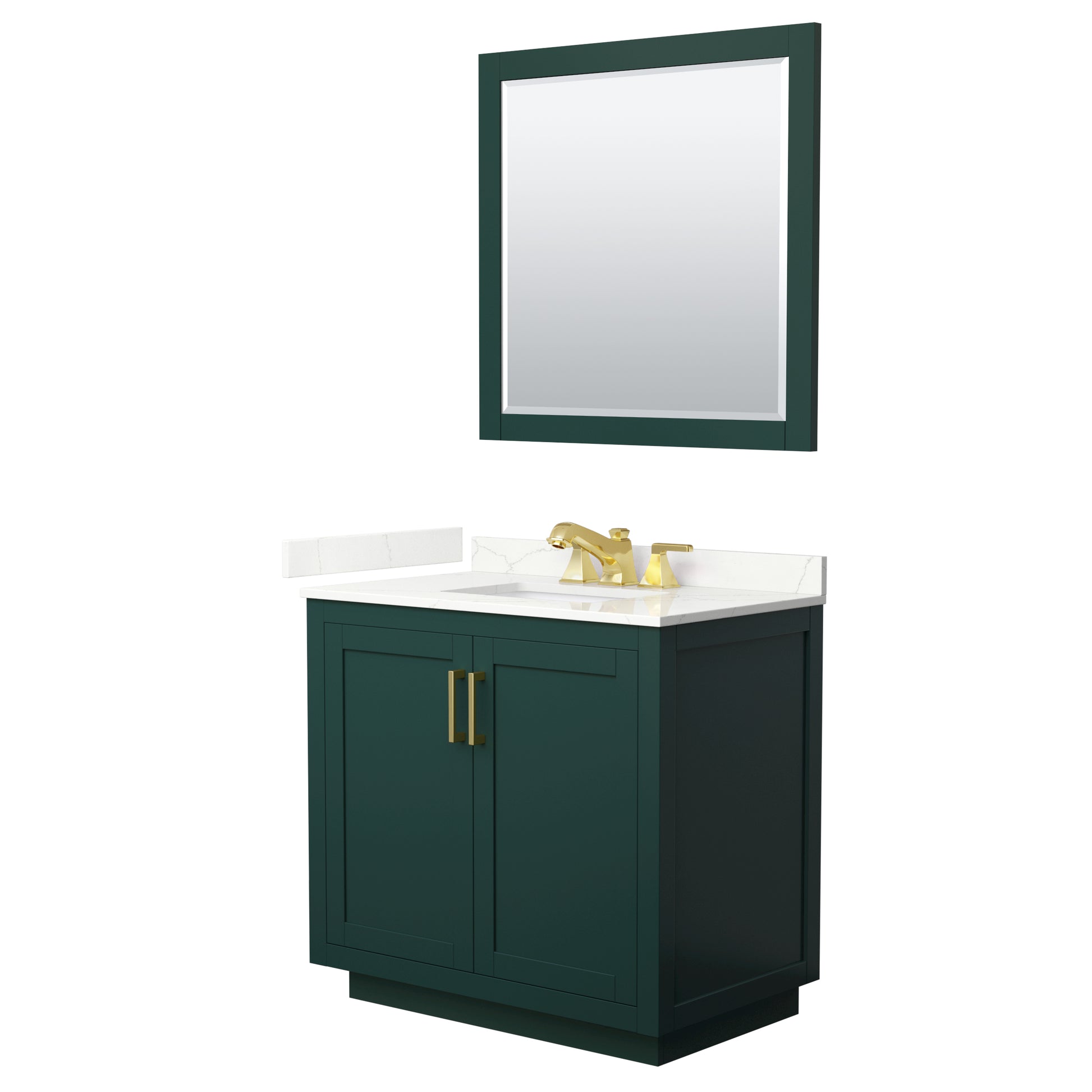 Wyndham Collection Miranda 36" Single Bathroom Vanity in Green, Giotto Quartz Countertop, Undermount Square Sink (3-Hole), Brushed Gold Trim, 34" Mirror