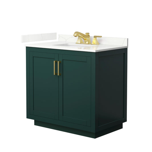 Wyndham Collection Miranda 36" Single Bathroom Vanity in Green, Giotto Quartz Countertop, Undermount Square Sink (3-Hole), Brushed Gold Trim