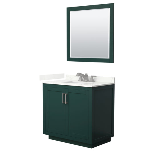 Wyndham Collection Miranda 36" Single Bathroom Vanity in Green, Giotto Quartz Countertop, Undermount Square Sink (3-Hole), Brushed Nickel Trim, 34" Mirror