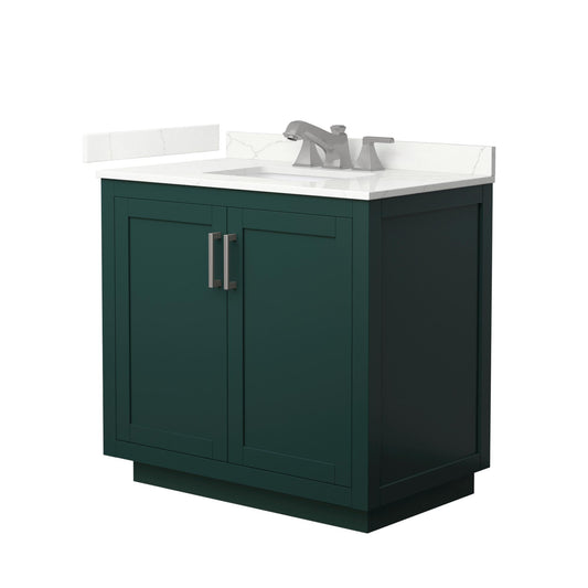 Wyndham Collection Miranda 36" Single Bathroom Vanity in Green, Giotto Quartz Countertop, Undermount Square Sink (3-Hole), Brushed Nickel Trim