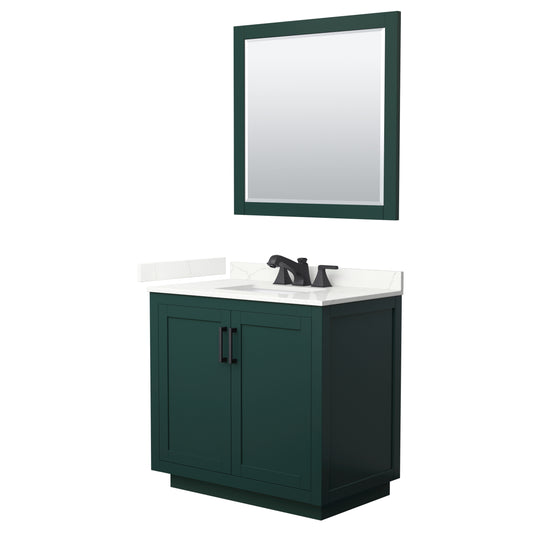Wyndham Collection Miranda 36" Single Bathroom Vanity in Green, Giotto Quartz Countertop, Undermount Square Sink (3-Hole), Matte Black Trim, 34" Mirror