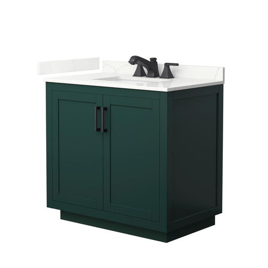 Wyndham Collection Miranda 36" Single Bathroom Vanity in Green, Giotto Quartz Countertop, Undermount Square Sink (3-Hole), Matte Black Trim