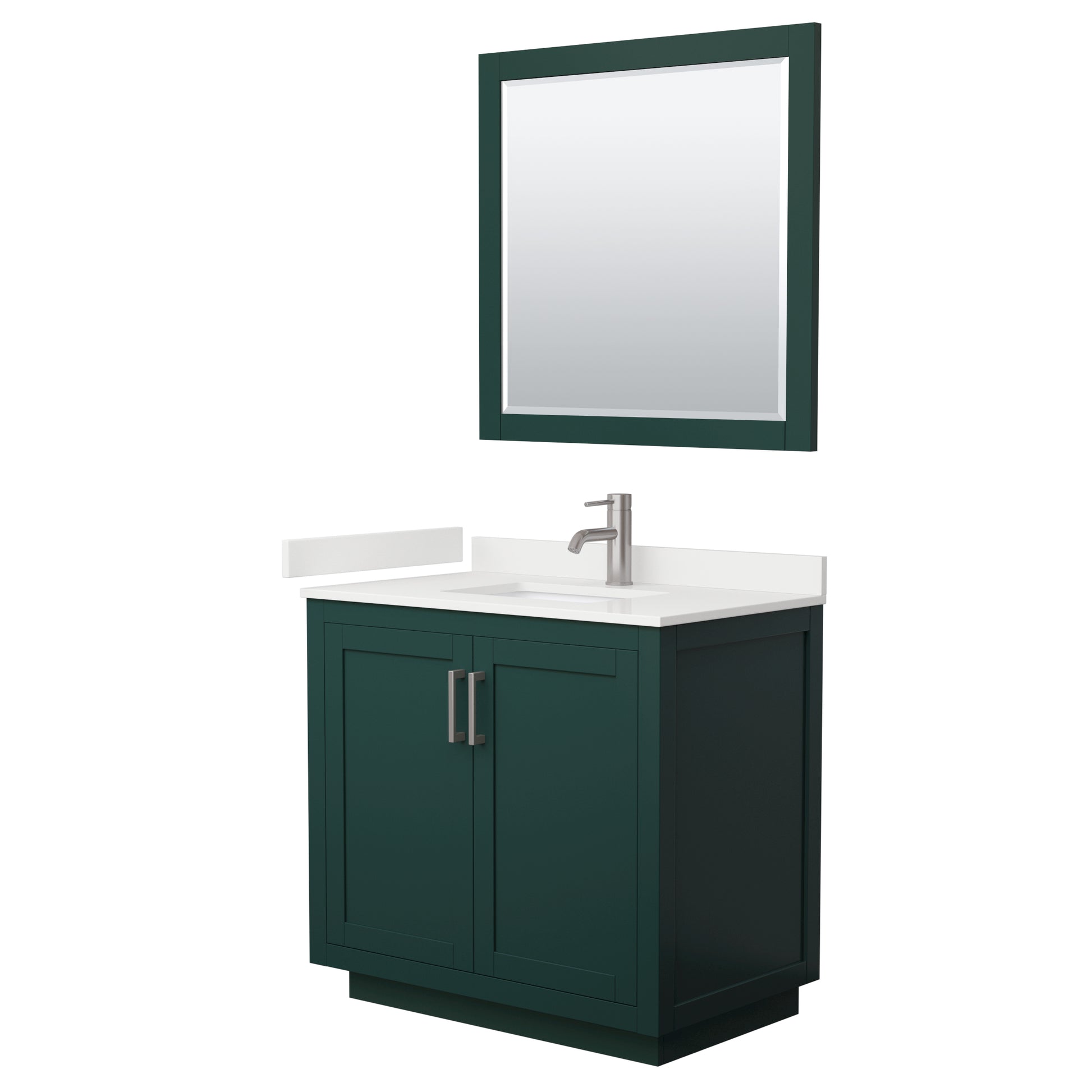 Wyndham Collection Miranda 36" Single Bathroom Vanity in Green, White Quartz Countertop, Undermount Square Sink (1-Hole), Brushed Nickel Trim, 34" Mirror