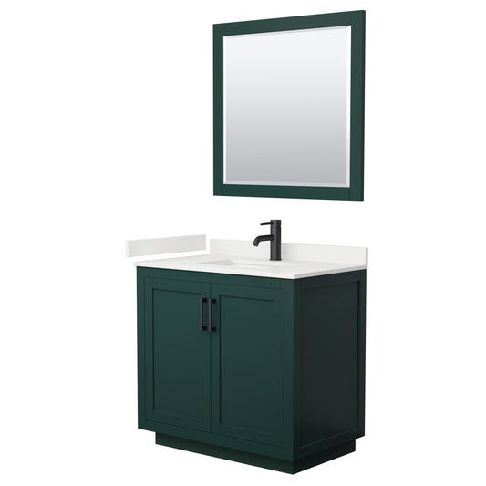 Wyndham Collection Miranda 36" Single Bathroom Vanity in Green, White Quartz Countertop, Undermount Square Sink (1-Hole), Matte Black Trim, 34" Mirror