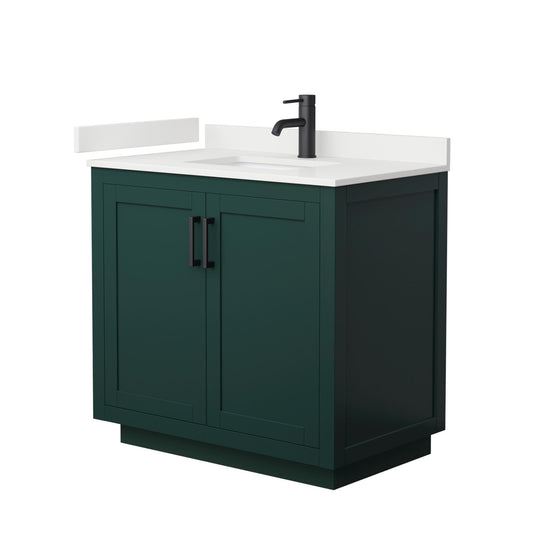 Wyndham Collection Miranda 36" Single Bathroom Vanity in Green, White Quartz Countertop, Undermount Square Sink (1-Hole), Matte Black Trim