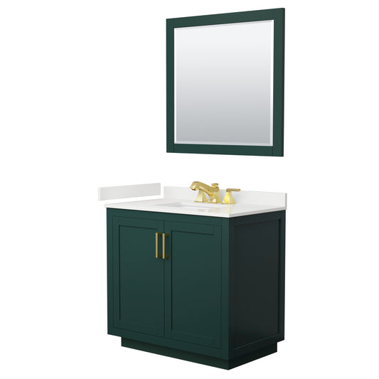 Wyndham Collection Miranda 36" Single Bathroom Vanity in Green, White Quartz Countertop, Undermount Square Sink (3-Hole), Brushed Gold Trim, 34" Mirror