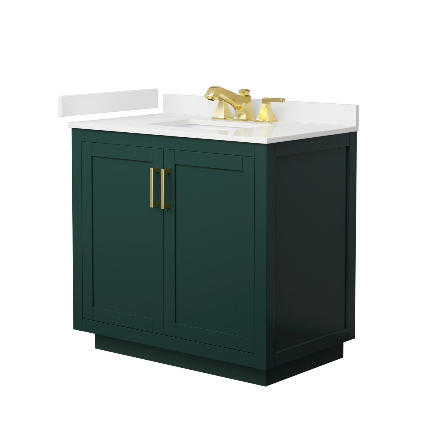 Wyndham Collection Miranda 36" Single Bathroom Vanity in Green, White Quartz Countertop, Undermount Square Sink (3-Hole), Brushed Gold Trim