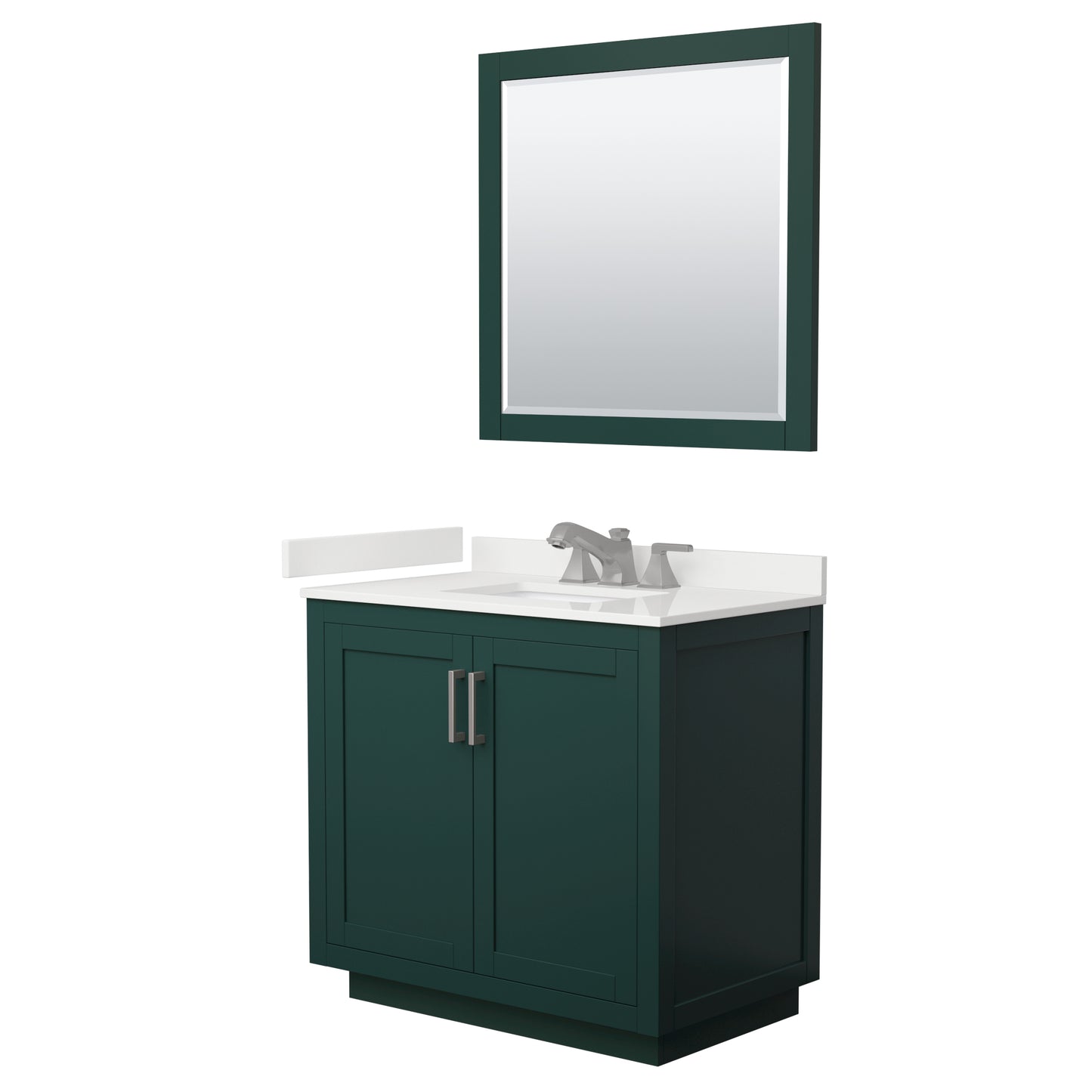 Wyndham Collection Miranda 36" Single Bathroom Vanity in Green, White Quartz Countertop, Undermount Square Sink (3-Hole), Brushed Nickel Trim, 34" Mirror