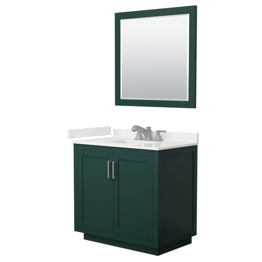 Wyndham Collection Miranda 36" Single Bathroom Vanity in Green, White Quartz Countertop, Undermount Square Sink (3-Hole), Brushed Nickel Trim, 34" Mirror