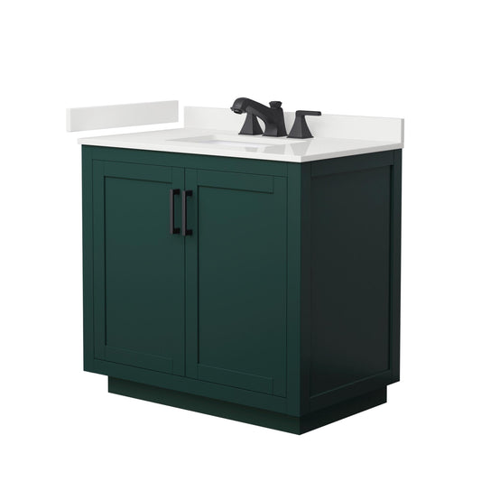 Wyndham Collection Miranda 36" Single Bathroom Vanity in Green, White Quartz Countertop, Undermount Square Sink (3-Hole), Matte Black Trim