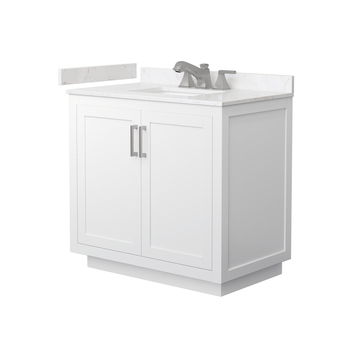Wyndham Collection Miranda 36" Single Bathroom Vanity in White, Carrara Cultured Marble Countertop, Undermount Square Sink (3-Hole), Brushed Nickel Trim