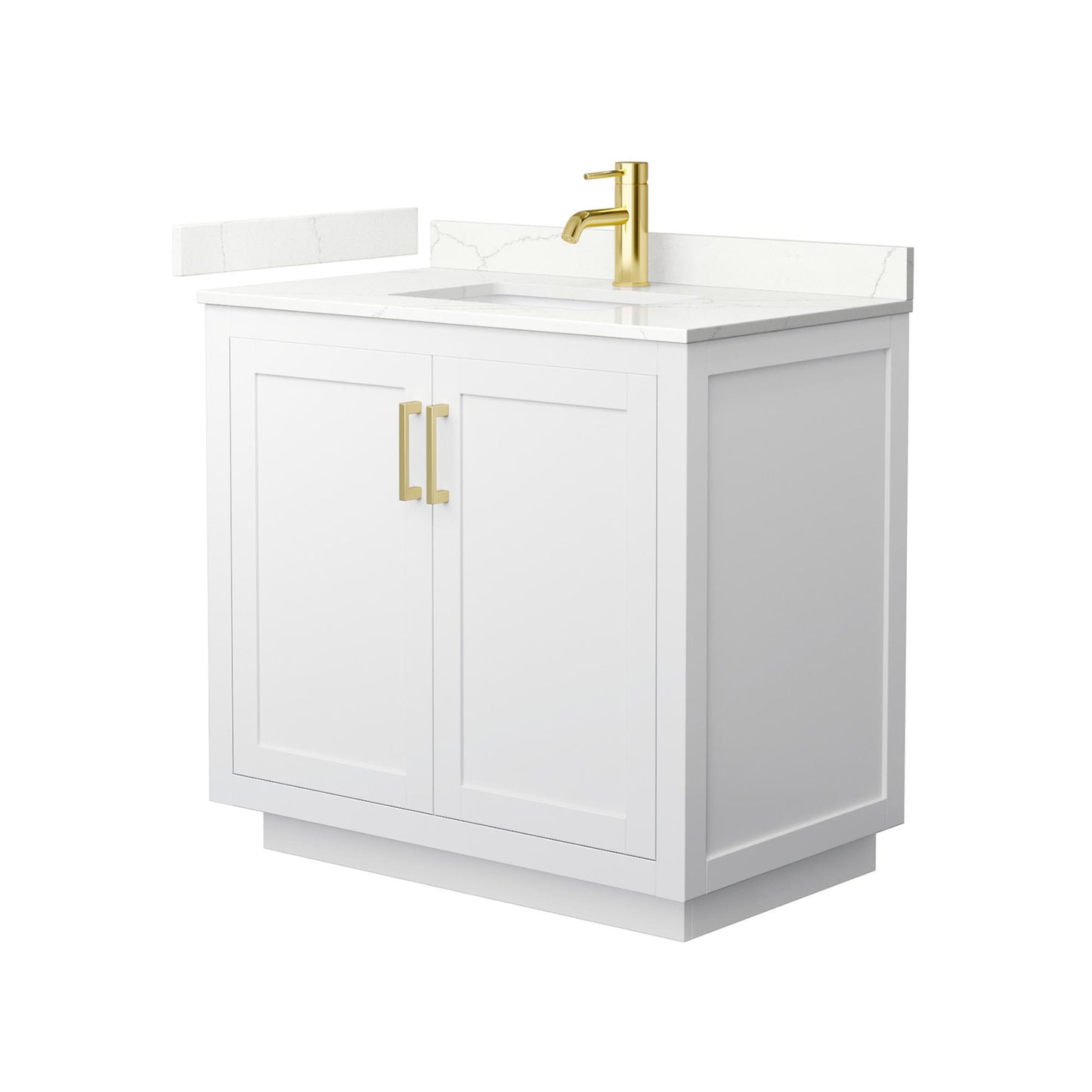 Wyndham Collection Miranda 36" Single Bathroom Vanity in White, Giotto Quartz Countertop, Undermount Square Sink (1-Hole), Brushed Gold Trim
