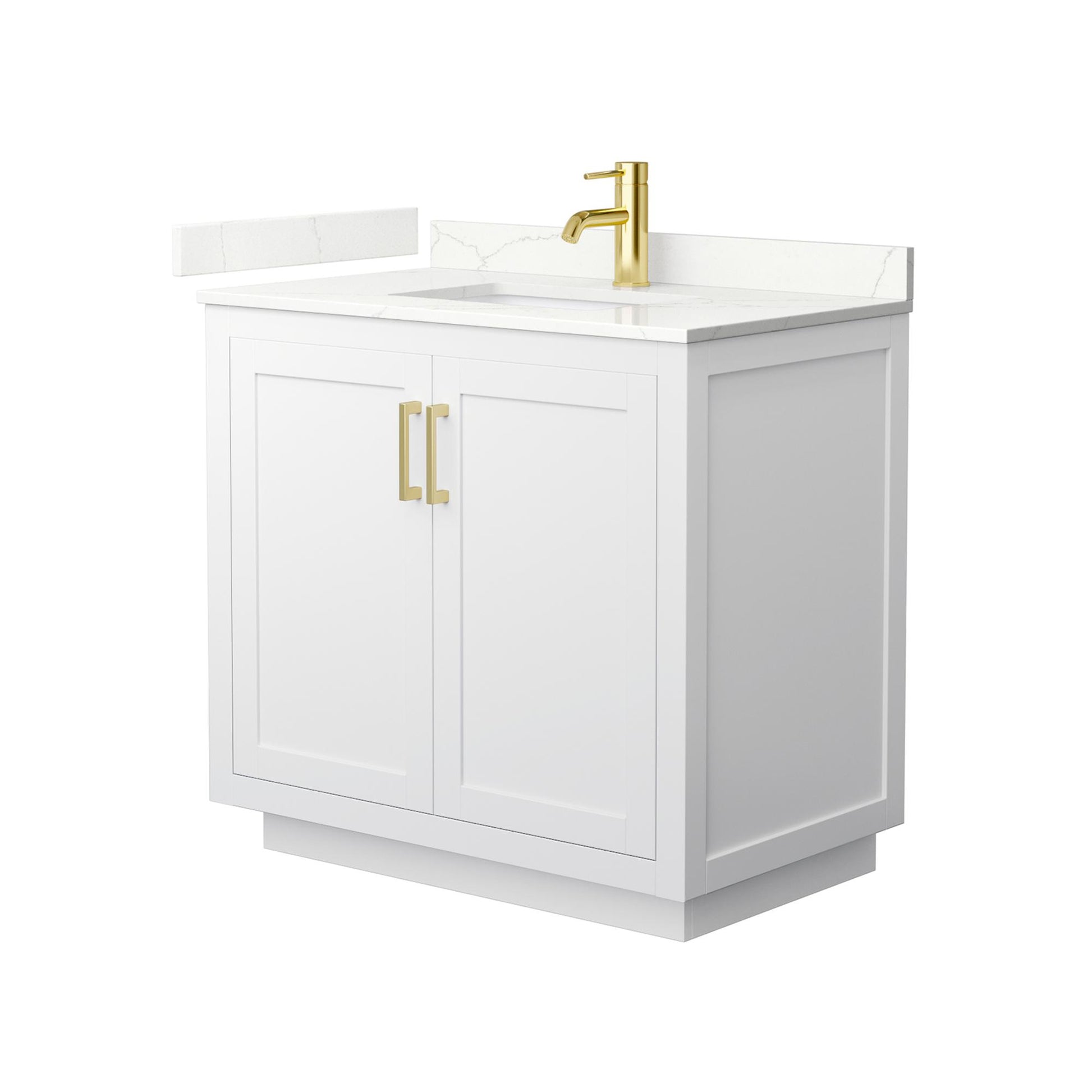 Wyndham Collection Miranda 36" Single Bathroom Vanity in White, Giotto Quartz Countertop, Undermount Square Sink (1-Hole), Brushed Gold Trim