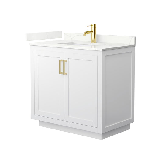 Wyndham Collection Miranda 36" Single Bathroom Vanity in White, Giotto Quartz Countertop, Undermount Square Sink (1-Hole), Brushed Gold Trim