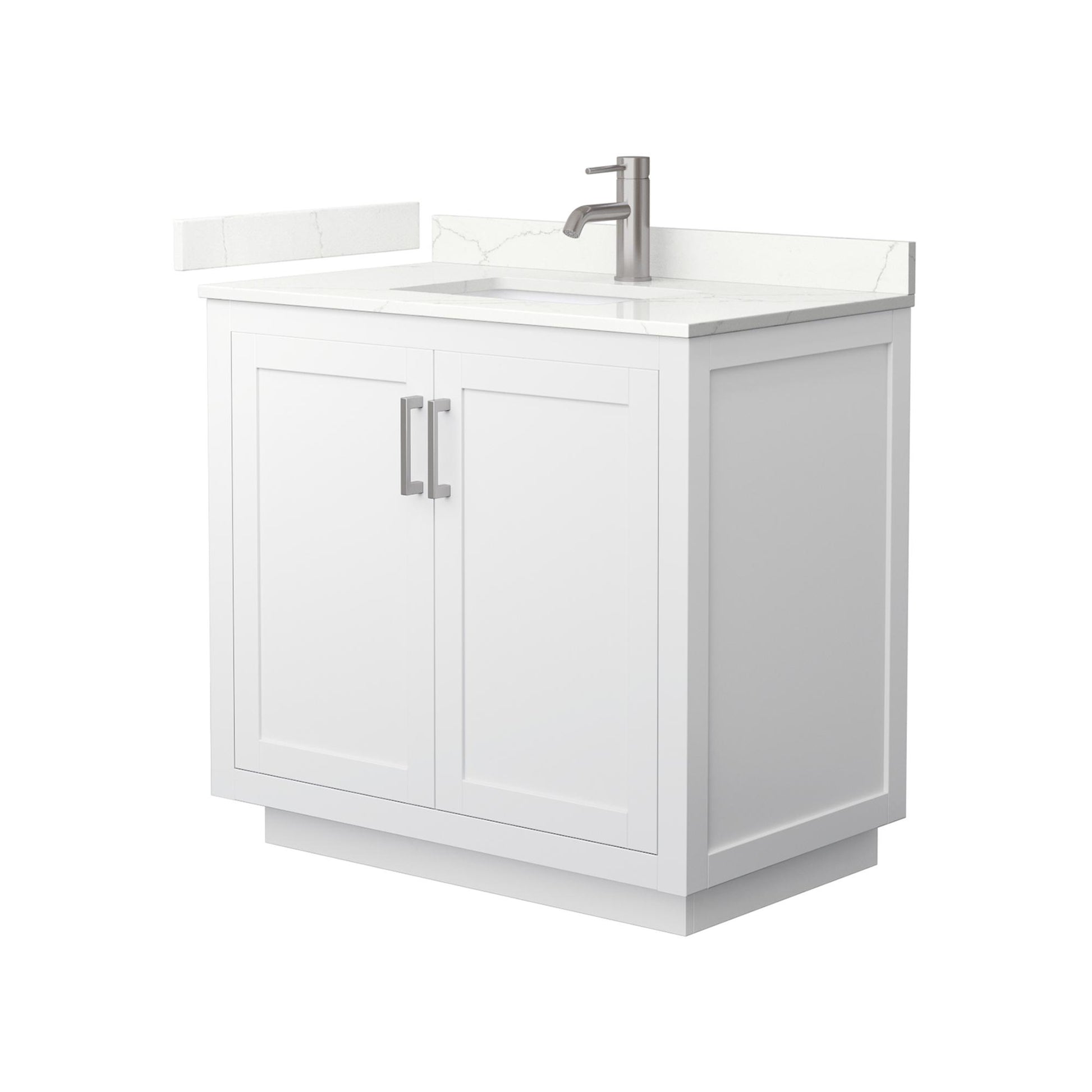 Wyndham Collection Miranda 36" Single Bathroom Vanity in White, Giotto Quartz Countertop, Undermount Square Sink (1-Hole), Brushed Nickel Trim