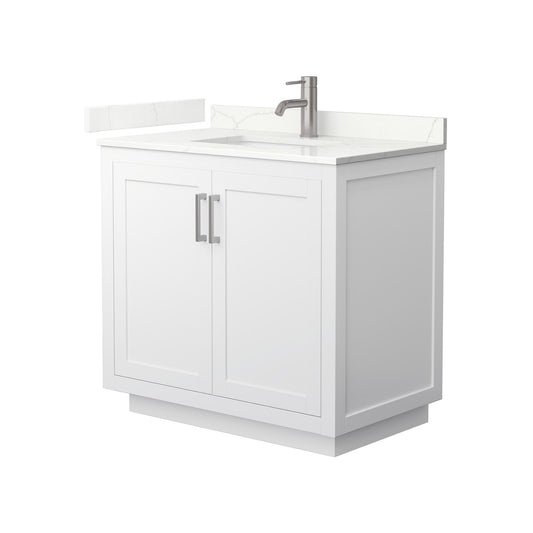 Wyndham Collection Miranda 36" Single Bathroom Vanity in White, Giotto Quartz Countertop, Undermount Square Sink (1-Hole), Brushed Nickel Trim