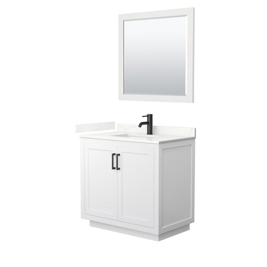 Wyndham Collection Miranda 36" Single Bathroom Vanity in White, Giotto Quartz Countertop, Undermount Square Sink (1-Hole), Matte Black Trim, 34" Mirror