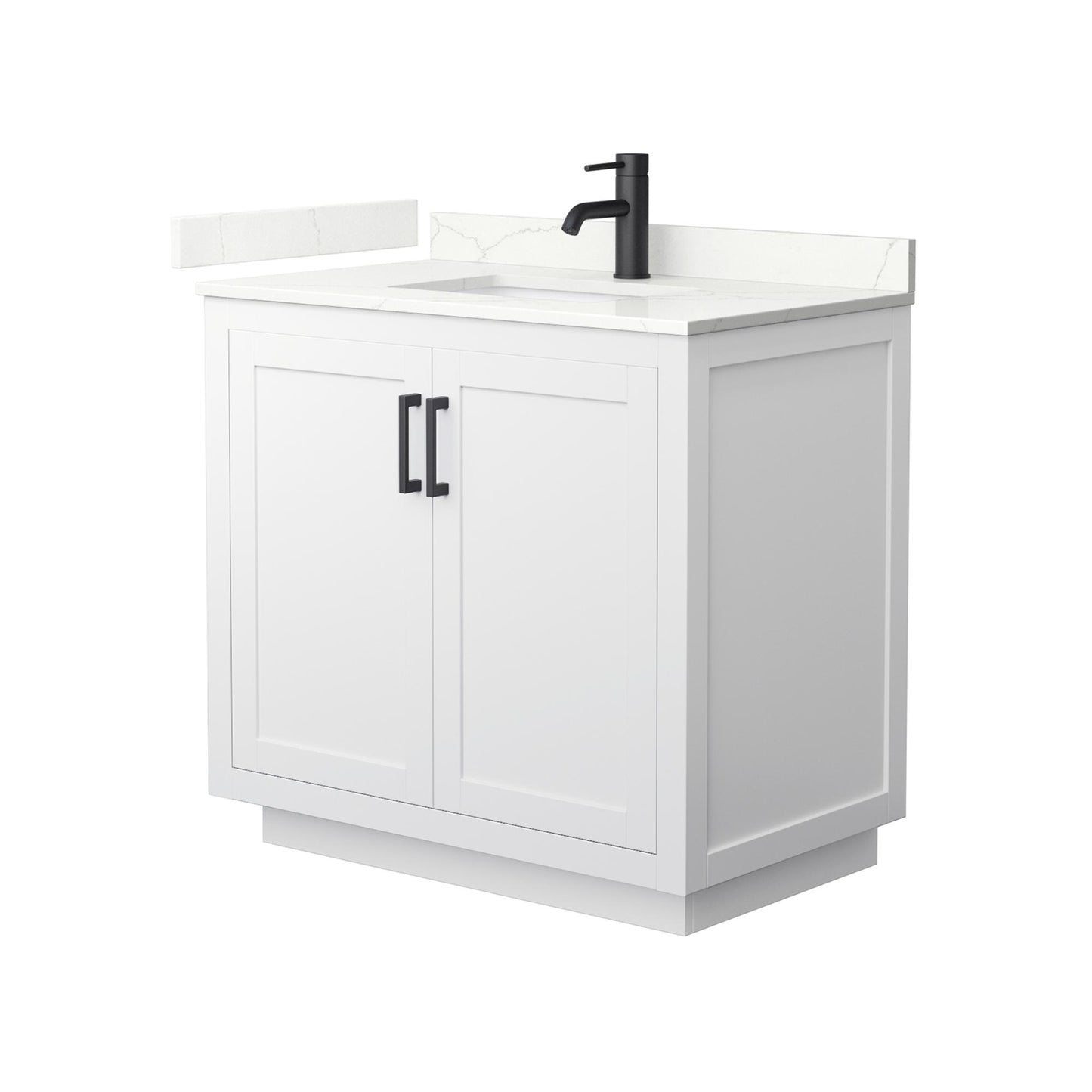 Wyndham Collection Miranda 36" Single Bathroom Vanity in White, Giotto Quartz Countertop, Undermount Square Sink (1-Hole), Matte Black Trim