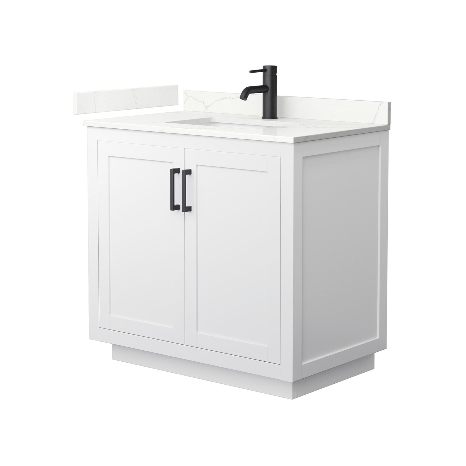 Wyndham Collection Miranda 36" Single Bathroom Vanity in White, Giotto Quartz Countertop, Undermount Square Sink (1-Hole), Matte Black Trim
