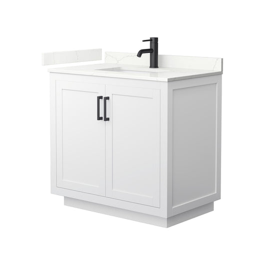 Wyndham Collection Miranda 36" Single Bathroom Vanity in White, Giotto Quartz Countertop, Undermount Square Sink (1-Hole), Matte Black Trim