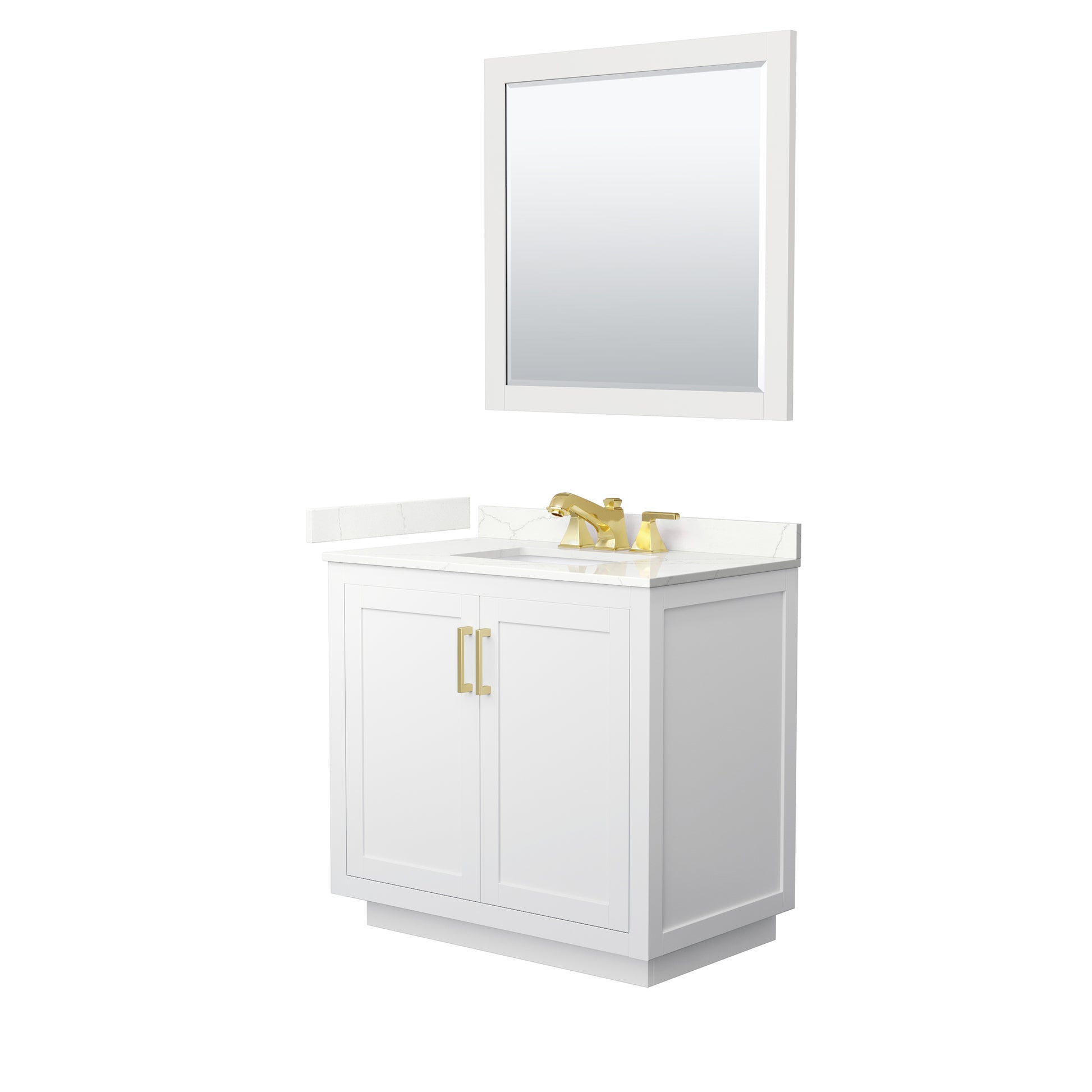 Wyndham Collection Miranda 36" Single Bathroom Vanity in White, Giotto Quartz Countertop, Undermount Square Sink (3-Hole), Brushed Gold Trim, 34" Mirror