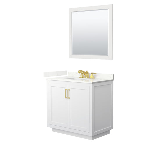 Wyndham Collection Miranda 36" Single Bathroom Vanity in White, Giotto Quartz Countertop, Undermount Square Sink (3-Hole), Brushed Gold Trim, 34" Mirror