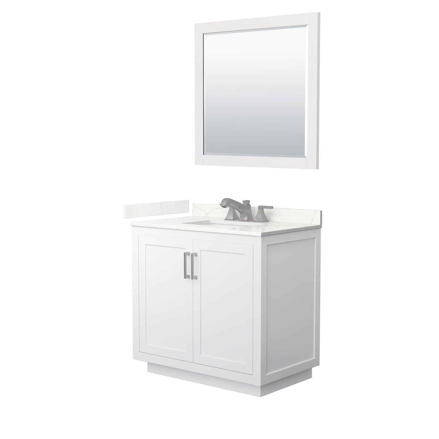 Wyndham Collection Miranda 36" Single Bathroom Vanity in White, Giotto Quartz Countertop, Undermount Square Sink (3-Hole), Brushed Nickel Trim, 34" Mirror