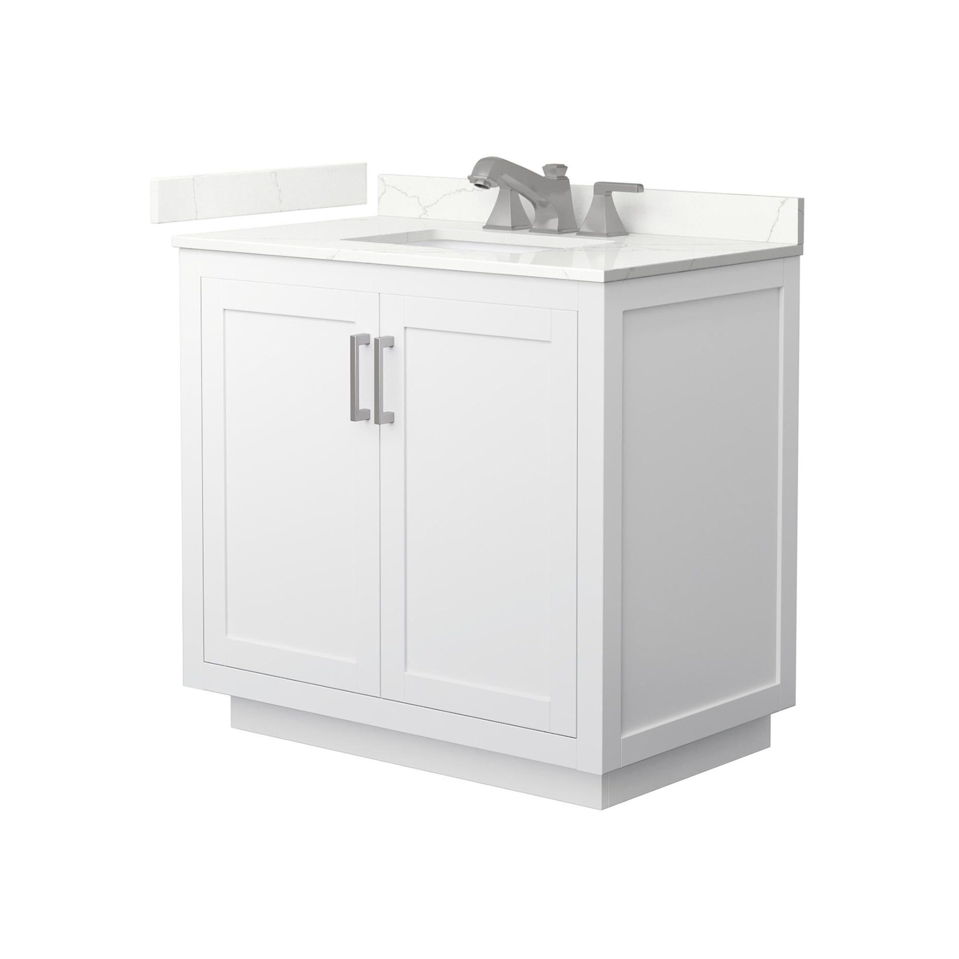 Wyndham Collection Miranda 36" Single Bathroom Vanity in White, Giotto Quartz Countertop, Undermount Square Sink (3-Hole), Brushed Nickel Trim