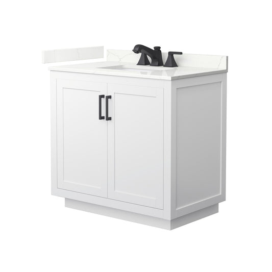 Wyndham Collection Miranda 36" Single Bathroom Vanity in White, Giotto Quartz Countertop, Undermount Square Sink (3-Hole), Matte Black Trim