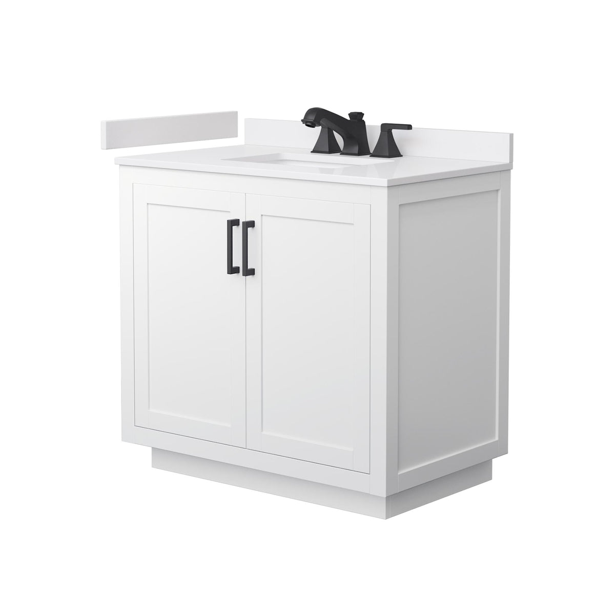 Wyndham Collection Miranda 36" Single Bathroom Vanity in White, White Cultured Marble Countertop, Undermount Square Sink (3-Hole), Matte Black Trim