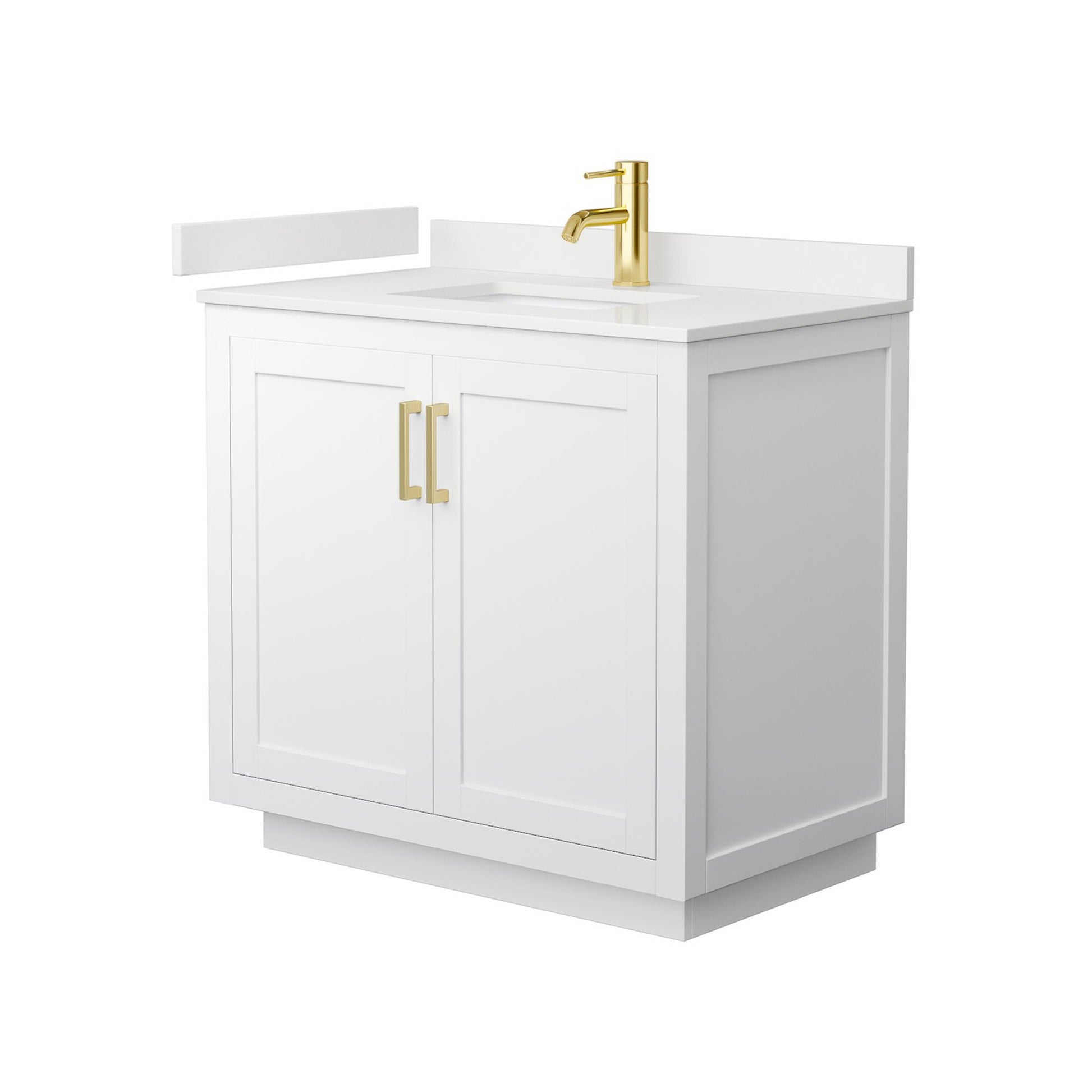 Wyndham Collection Miranda 36" Single Bathroom Vanity in White, White Quartz Countertop, Undermount Square Sink (1-Hole), Brushed Gold Trim