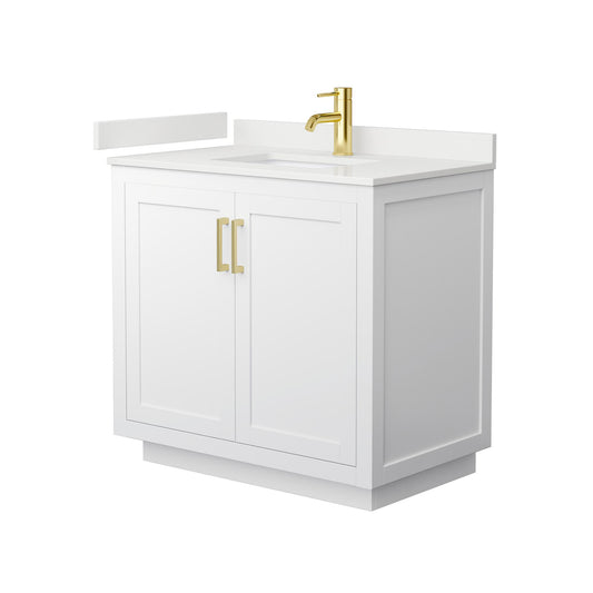 Wyndham Collection Miranda 36" Single Bathroom Vanity in White, White Quartz Countertop, Undermount Square Sink (1-Hole), Brushed Gold Trim
