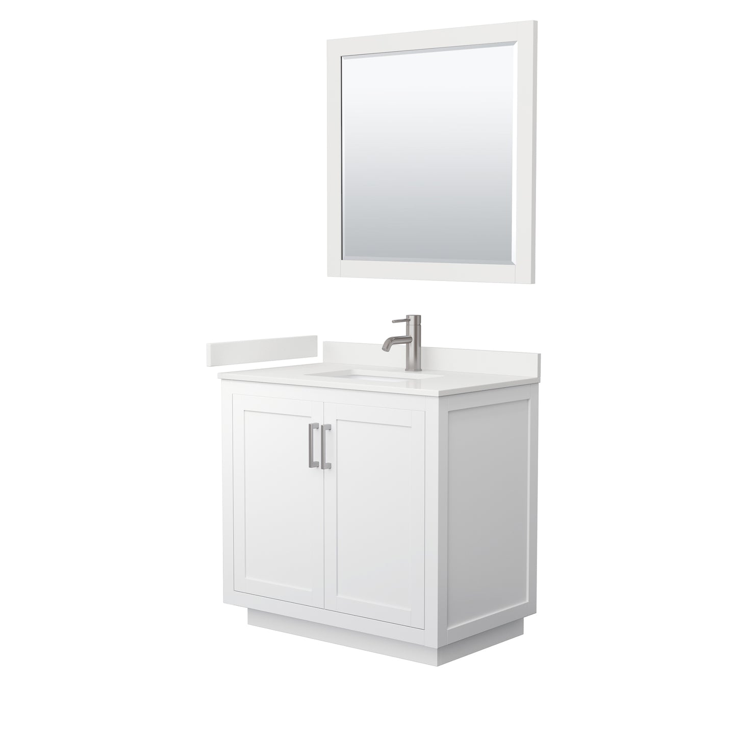 Wyndham Collection Miranda 36" Single Bathroom Vanity in White, White Quartz Countertop, Undermount Square Sink (1-Hole), Brushed Nickel Trim, 34" Mirror