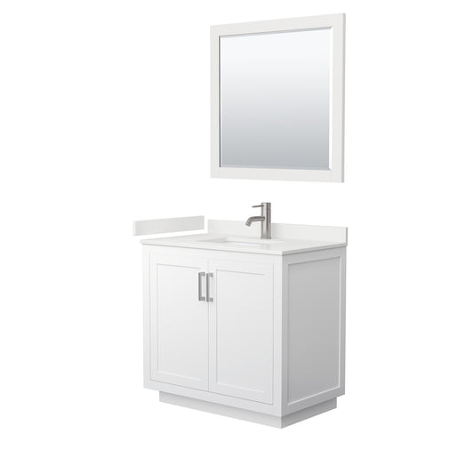 Wyndham Collection Miranda 36" Single Bathroom Vanity in White, White Quartz Countertop, Undermount Square Sink (1-Hole), Brushed Nickel Trim, 34" Mirror