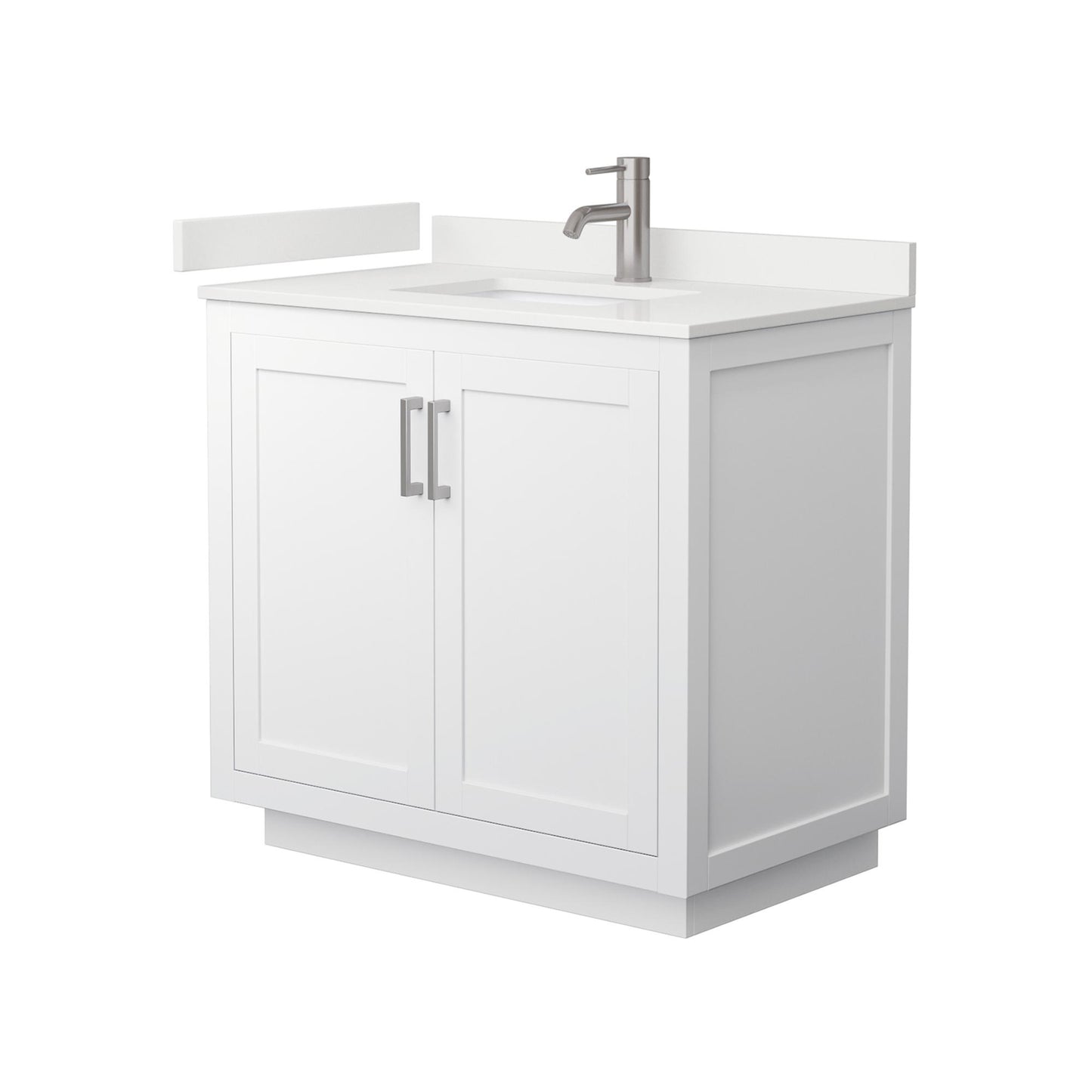 Wyndham Collection Miranda 36" Single Bathroom Vanity in White, White Quartz Countertop, Undermount Square Sink (1-Hole), Brushed Nickel Trim