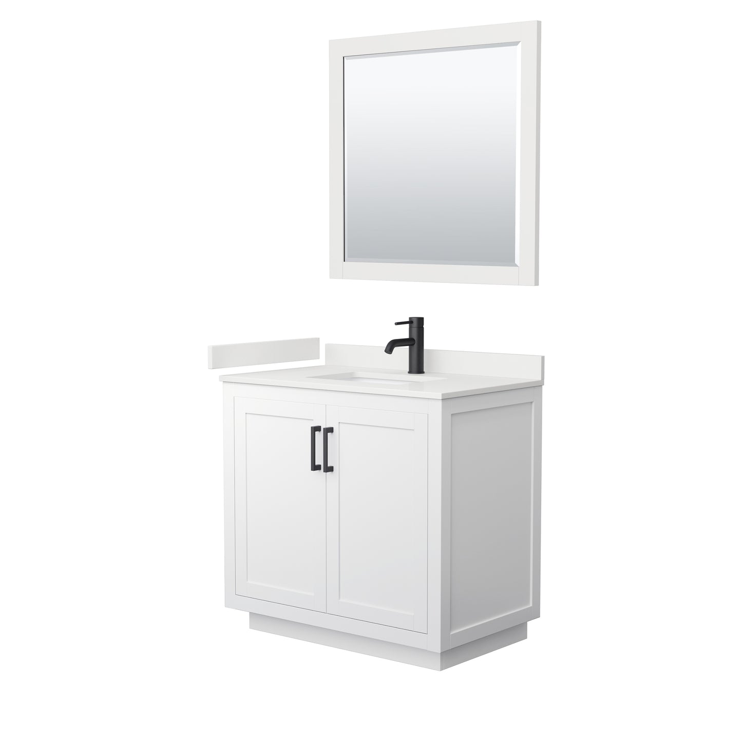 Wyndham Collection Miranda 36" Single Bathroom Vanity in White, White Quartz Countertop, Undermount Square Sink (1-Hole), Matte Black Trim, 34" Mirror