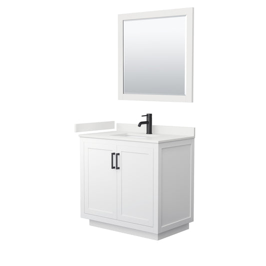 Wyndham Collection Miranda 36" Single Bathroom Vanity in White, White Quartz Countertop, Undermount Square Sink (1-Hole), Matte Black Trim, 34" Mirror
