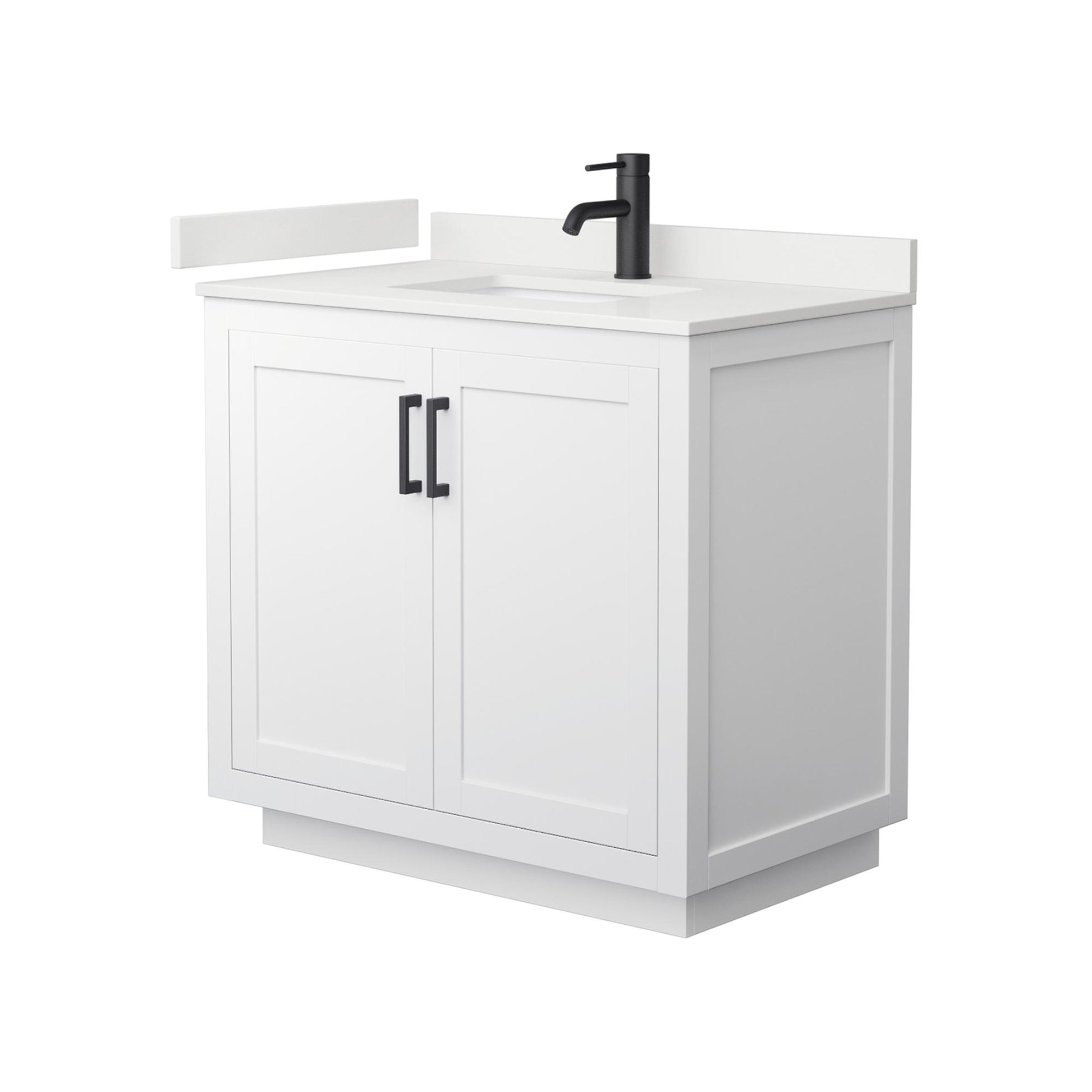 Wyndham Collection Miranda 36" Single Bathroom Vanity in White, White Quartz Countertop, Undermount Square Sink (1-Hole), Matte Black Trim